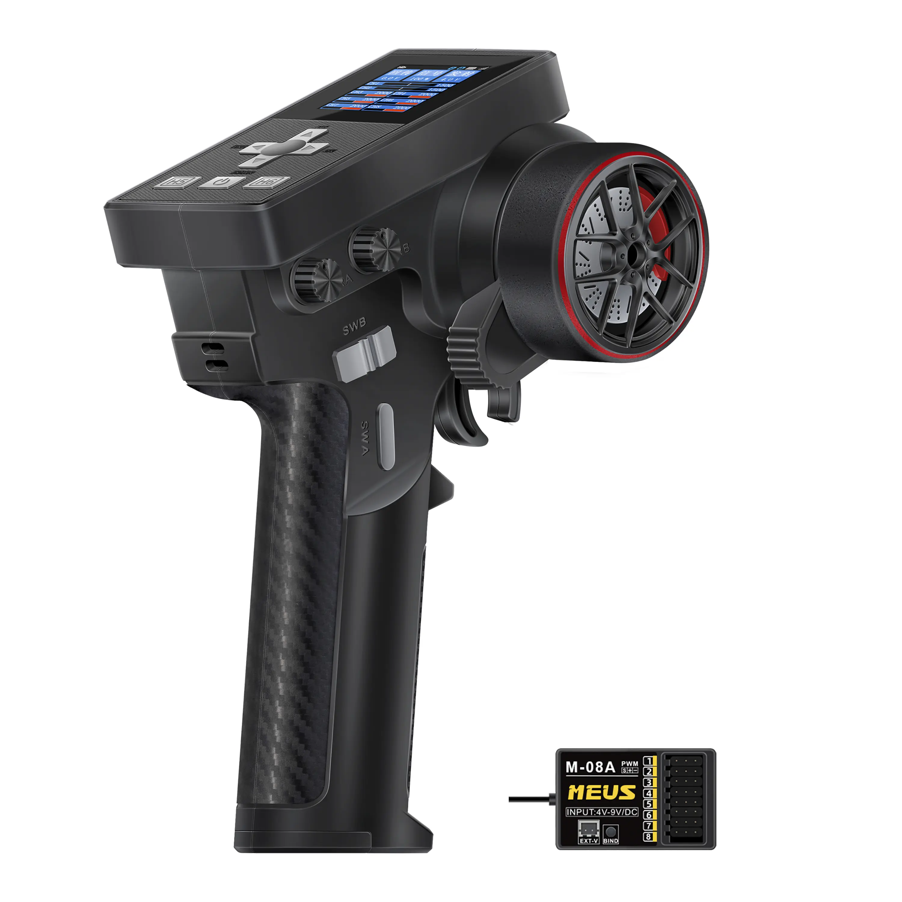 MEUS RACING ME-8B 2.4GHz 8-Channel RC Transmitter with Rechargeable Battery and Receiver - Upgrade Accessory for 1/8,1/10,1/18,1/24 RC Crawlers,Cars,Boats (TRX4,TRX4M,SCX10,SCX24 Compatible) (Black)