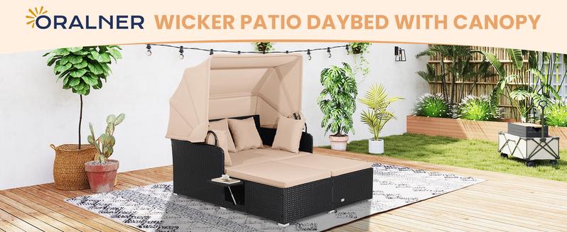 COSTWAY Outdoor Daybed, 2-Person Wicker Chaise Lounge with Retractable Canopy, Cushions & Pillows, 2 Side Trays, Patio Double Sofa PE Rattan Sunbed Lounger for Deck Poolside Garden Balcony