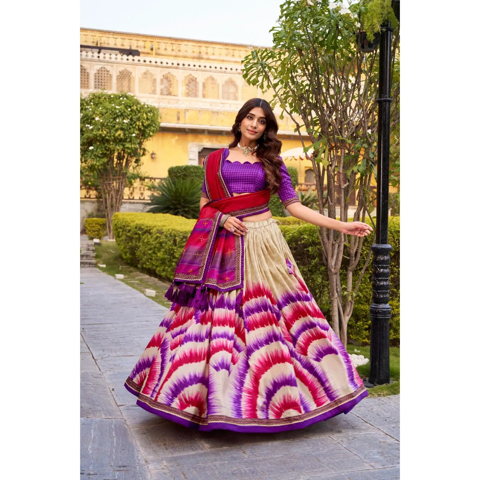 Women's Tasar Silk Lehenga Choli 3-Piece Set - Festive Tie-Dye Printed, Lace Border, Tassels, Drawstring, Zip, Supports Waist, Unstitched Blouse Piece, Dress, Blouse Piece (Unstitched)