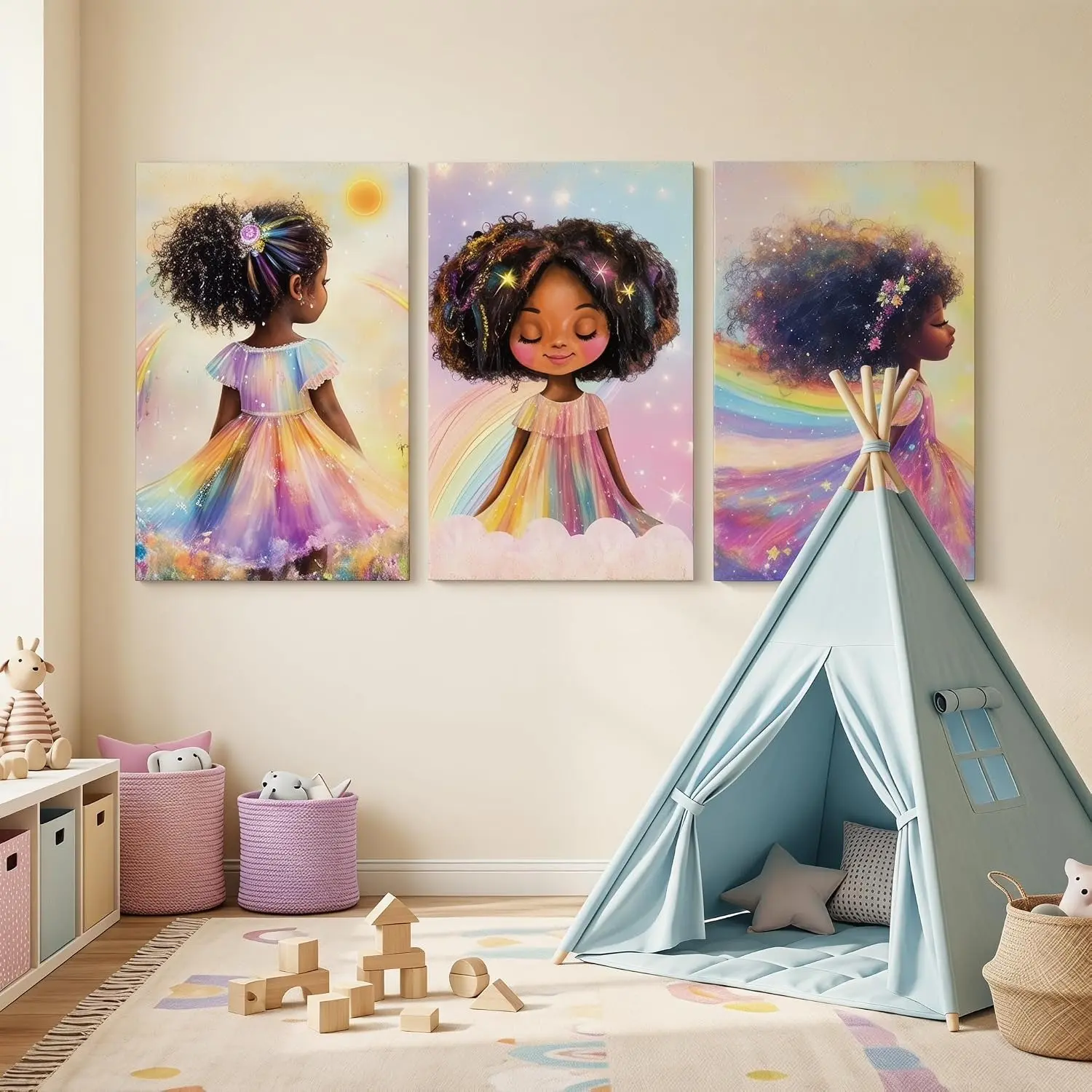 Black Girl Princess Wall Art, Rainbow Canvas Prints, Set of 3 | Vibrant rainbow wall decor for girls bedroom, whimsical princess room decor with cute Afro girl art