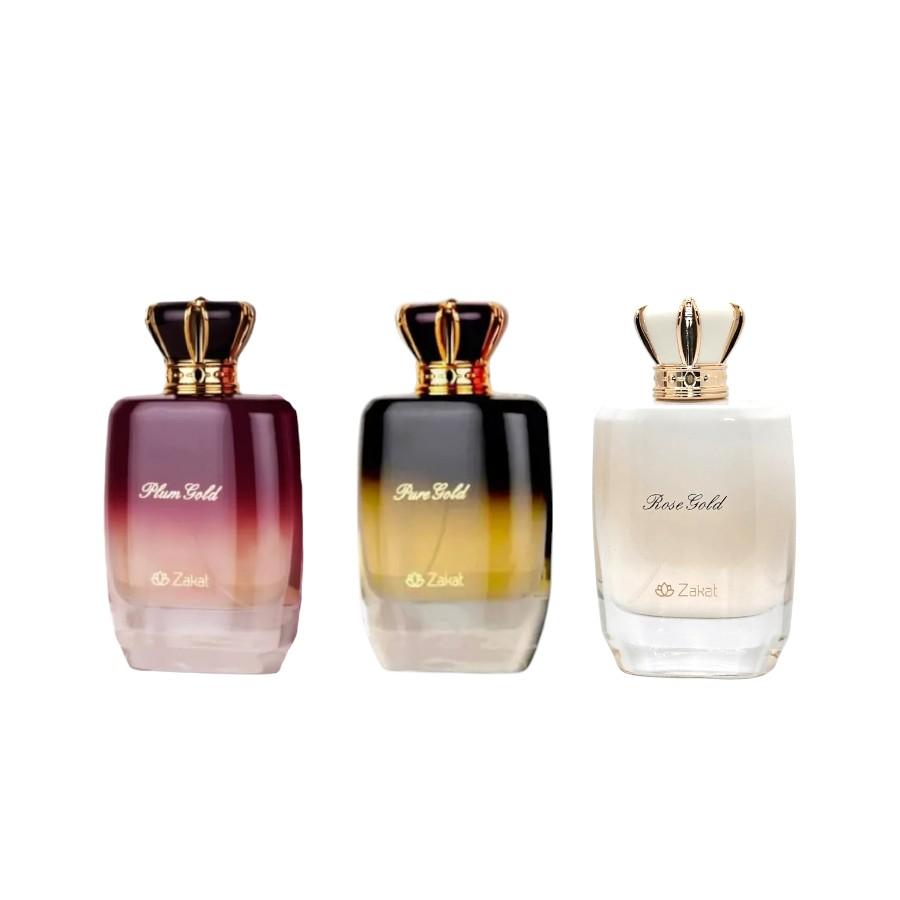 Zakat | Plum Gold + Pure Gold + Rose Gold | Eua De Parfum | 100 ML | 3.4 oz | Jasmine, Amber, & Orchid | Zakat | Plum Gold + Pure Gold + Rose Gold | Eua De Parfum | 100 ML | 3.4 oz | Jasmine, Amber, & Orchid |