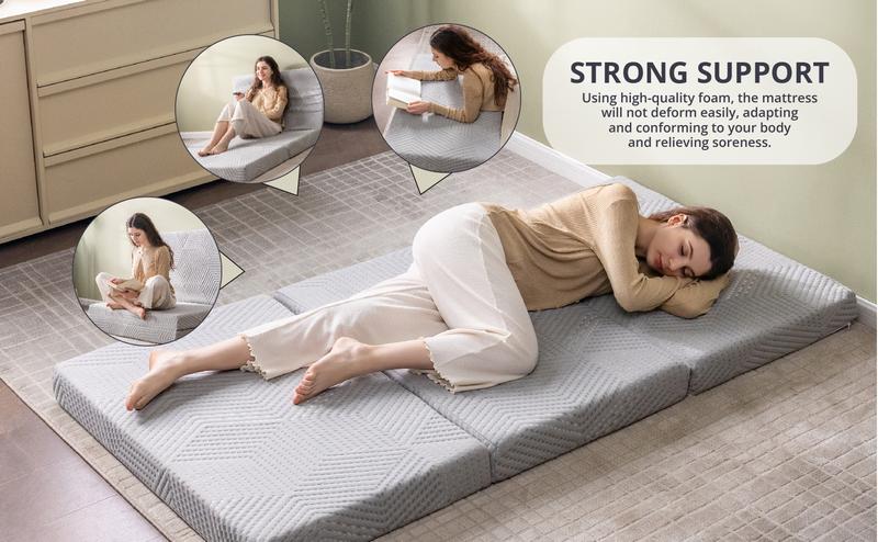 EGO Tri Folding Memory Foam Topper 4 Inch, Twin Full Queen King Guest Bed Dorm Room Comfortable Camping Sleepover Pressure Relief Travel Mattress