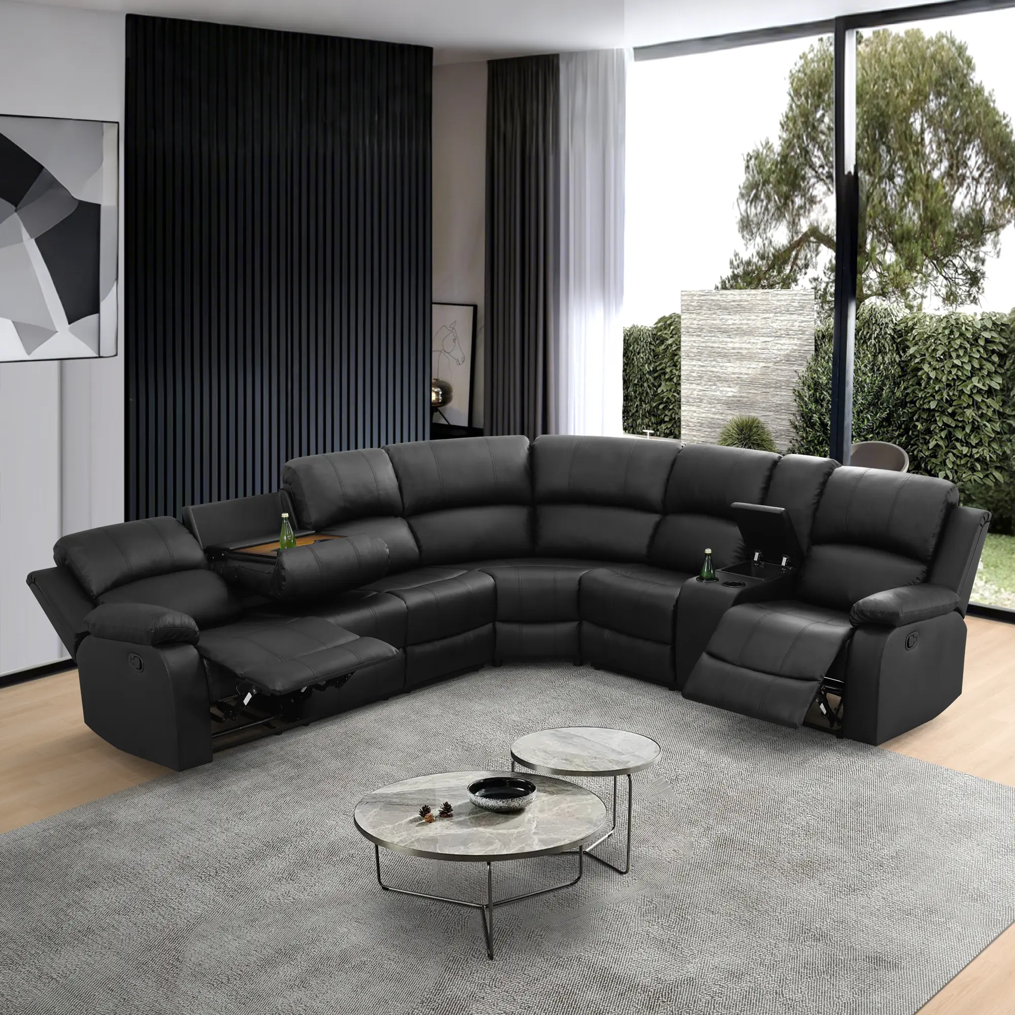 Contemporary 6-Seat L-Shaped Corner Sectional Sofa with 2 Manual Recliners, Hidden Storage Lid, Cup Holders & PU Leather for Living Room Indoor Furniture Set, Contemporary Sectional Sofa