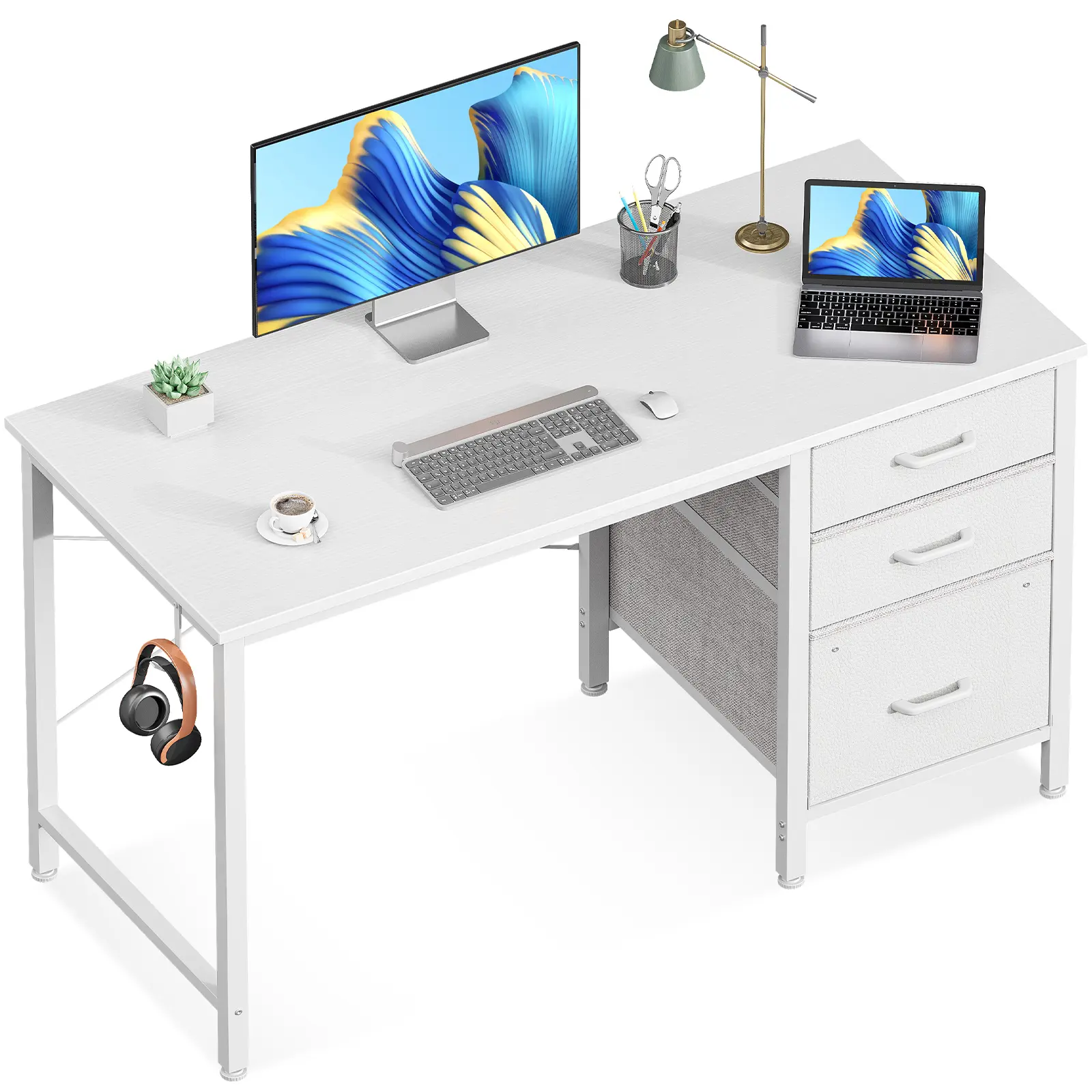AODK Small Vanity Desk with Fabric Drawers & Hook, Durable Metal Frame – Makeup Vanity Desk for Bedroom, Dorm Home Office Writing Workstation, Office Inspo Small Space Solution, Home Office Ideas