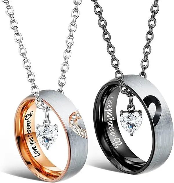 September  Couple Necklace Set with Matching Split-Heart Ring Pendants for Him & Her, Interactive Design, Minimalist Commemorative Jewelry, Valentine’s Day & Birthday Gift for Girlfriend and Boyfriend