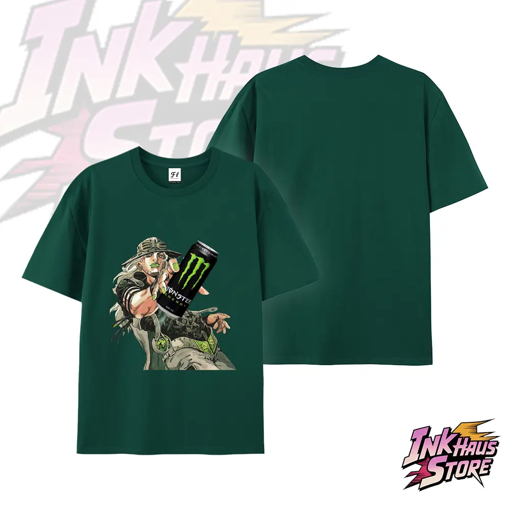 Gyro Zeppeli holding a Monster Energy drink.--Short-sleeved cotton unisex casual T-shirt