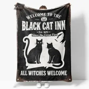Cozy Black Cat Inn Witch-Themed Blanket - Lightweight All-Season Bedspread for Couch & Bed, Gothic Accent Throw with Witches Welcome Motif, Durable Cat Silhouettes & Bats Design, Perfect for Halloween Decor ( 1690 Inn Style)