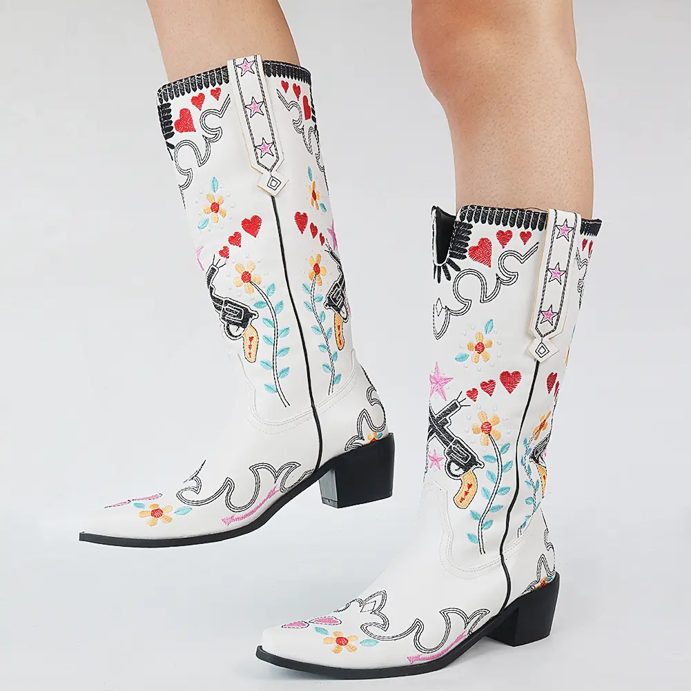 Women's Floral Embroidered Cowboy Aesthetic Long Tube Boots, Personalized Trendy Western Style Footwear, Floral Embroidered Boot