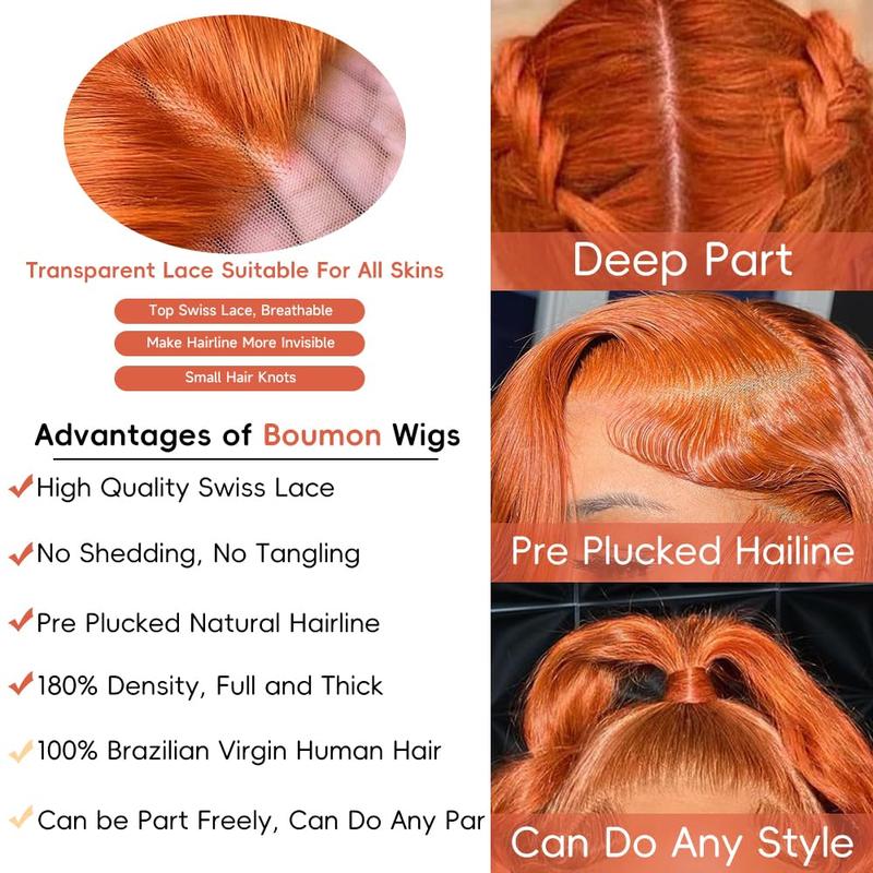 Ginger orange 13x6 Lace Front Wigs human hair Pre Plucked Ginger wigs Human hair 200% Density Body Wave Wigs Humaun hair Colored Free styling, dyeing Black Women Bleached Knots