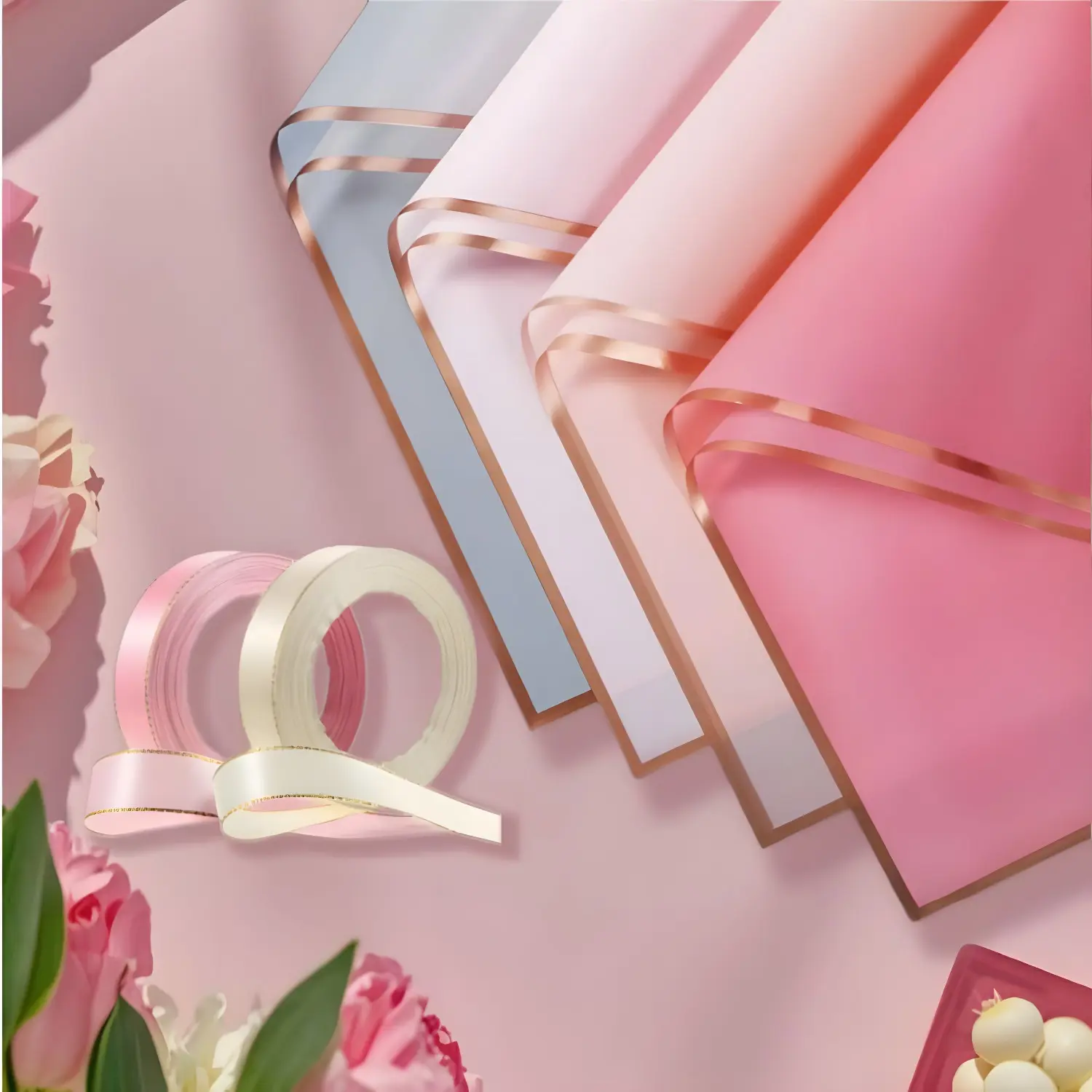 20-Sheet Floral Gift Wrapping Set with 3/4 Inch Satin Ribbons, Waterproof Flower Wrapping Paper for Rosy Class of 2025 Graduation, Lover Bouquets (Home & Festive Party Supplies)