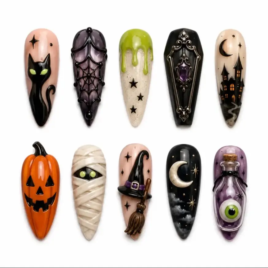 Haunted Halloween Press On Nails Set 3D Black Cat Pumpkin Mummy Witchy Handmade Nails Art Gif For Halloween Day, Cosplay Gif