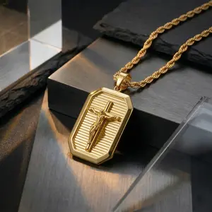 18k Gold Plated Jesus Crucifix Pendant Necklace for Men Square Cross Necklace for Men with Rope Chian 18-26 Inch