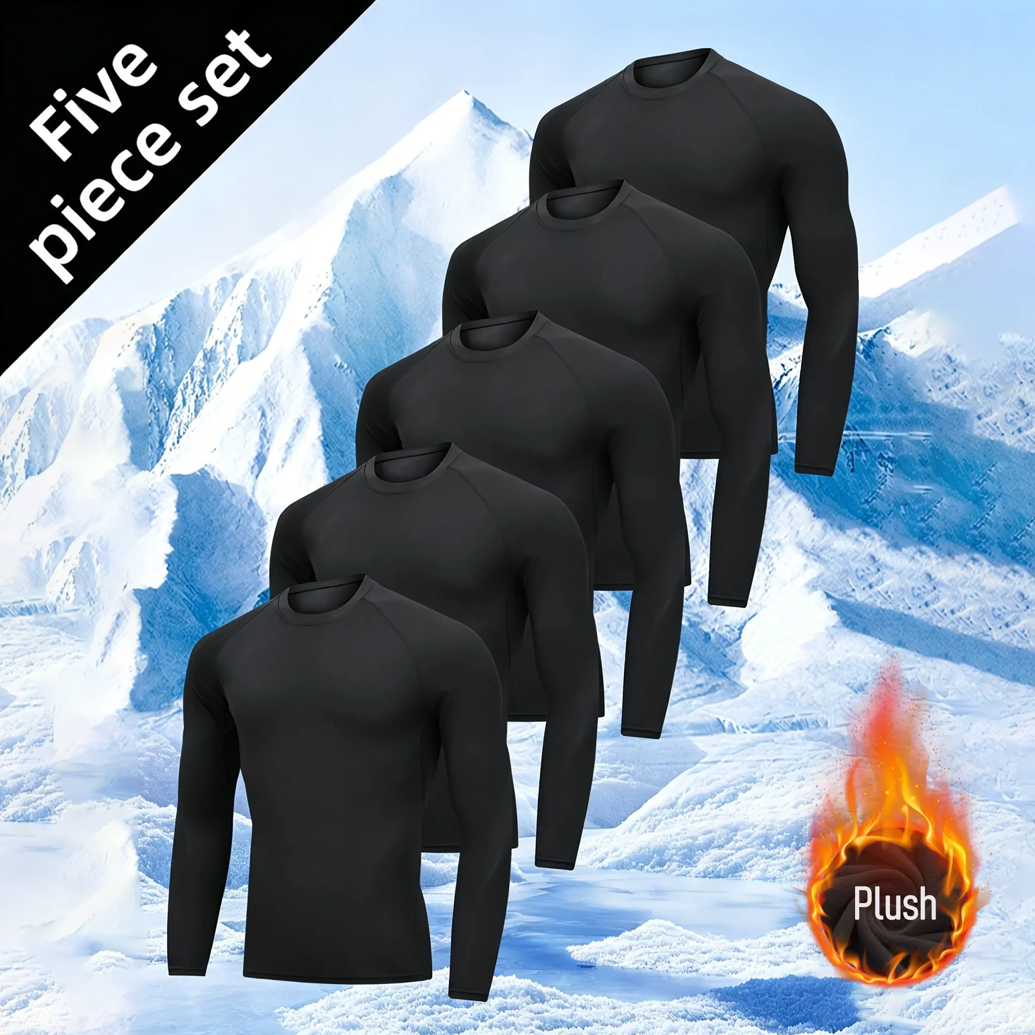 Men's 5-pc Winter Set, Thermal Fleece-Warm Compression Base Layer with Full-Zip Jacket, Outdoor Training Fit for Running & Gym, Sport Activewear, Athletic Wear, Color Block, 5-Piece Set, Normal Type, Compression Tops, Plush Fleece, Thermal Tops, Snug Fit