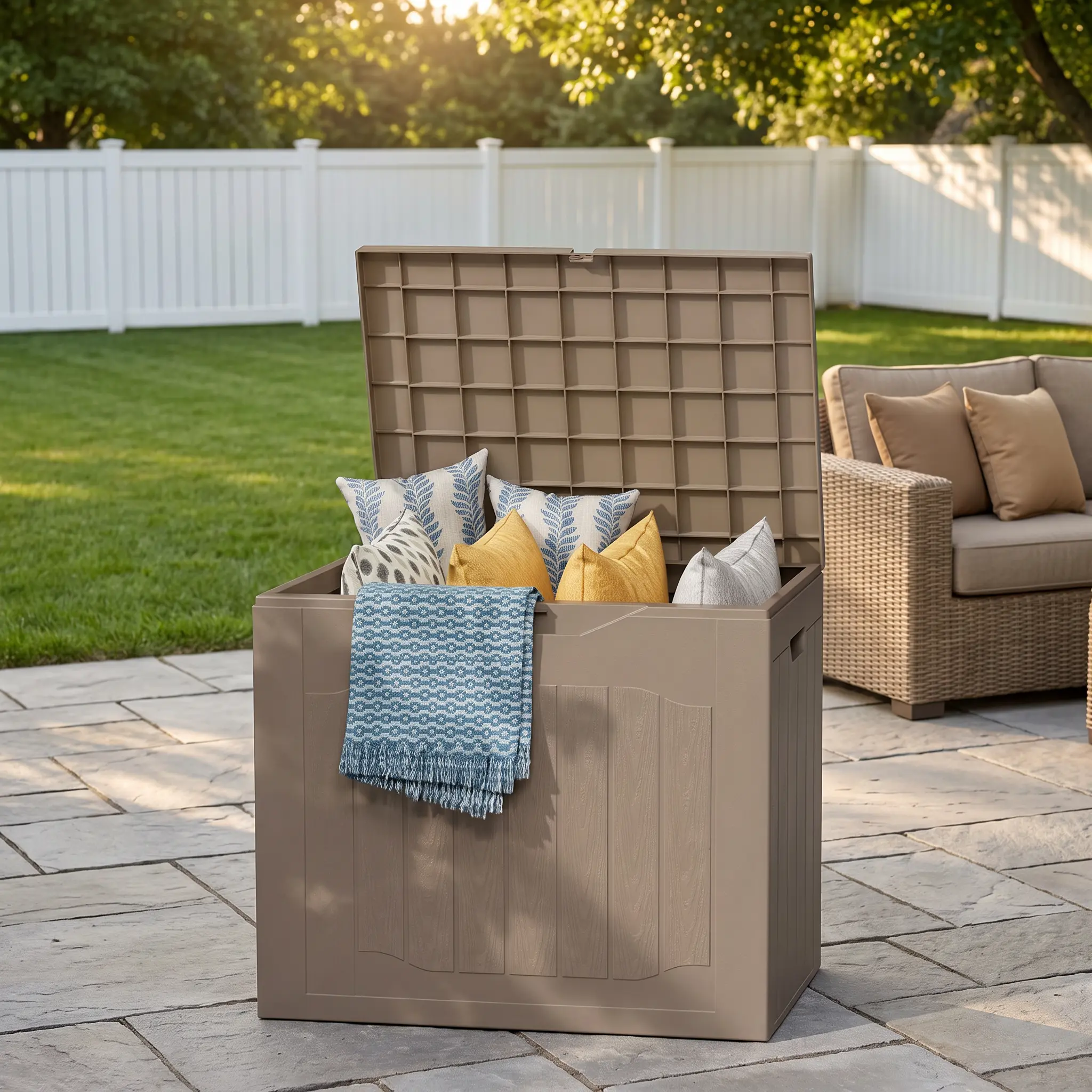 Max4out 35-Gal Heavy-Duty Resin Deck Storage Box with Lockable Cover, Reinforced Side Handles, Weather-Proof Outdoor Organizer for Backyard, Patio Storage Organization