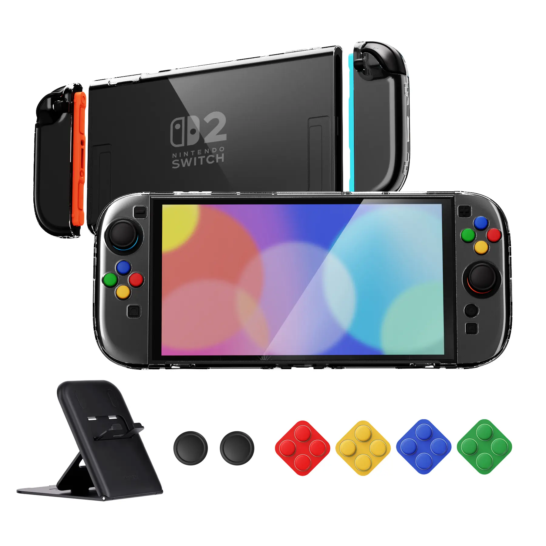[Not A Controller] PlayVital Protective Case for Nintendo Switch 2, Anti-Scratches Hard Shell Dockable Grip Cover with Extra Foldable Stand & Thumb Grips for Nintendo Switch 2 - Transparent Console Protection Gaming Accessories