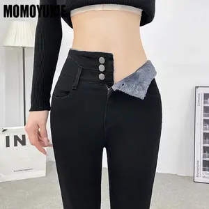 2025WinterFashionVersatileThickFleeceHigh-waistWarmSkinnyThickWomenStretchButtonPencilPantsCasualVelvetJeans Womenswear Bottom