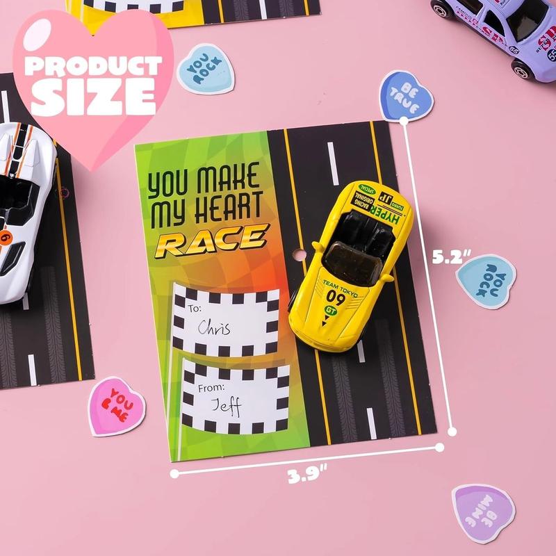 JOYIN 35 Valentines Day Die-Cast Racing Cars Gift Cards for Kids with Valentine’s School Classroom Exchange Greeting Cards, Vehicle Party Favor Toy Supplies
