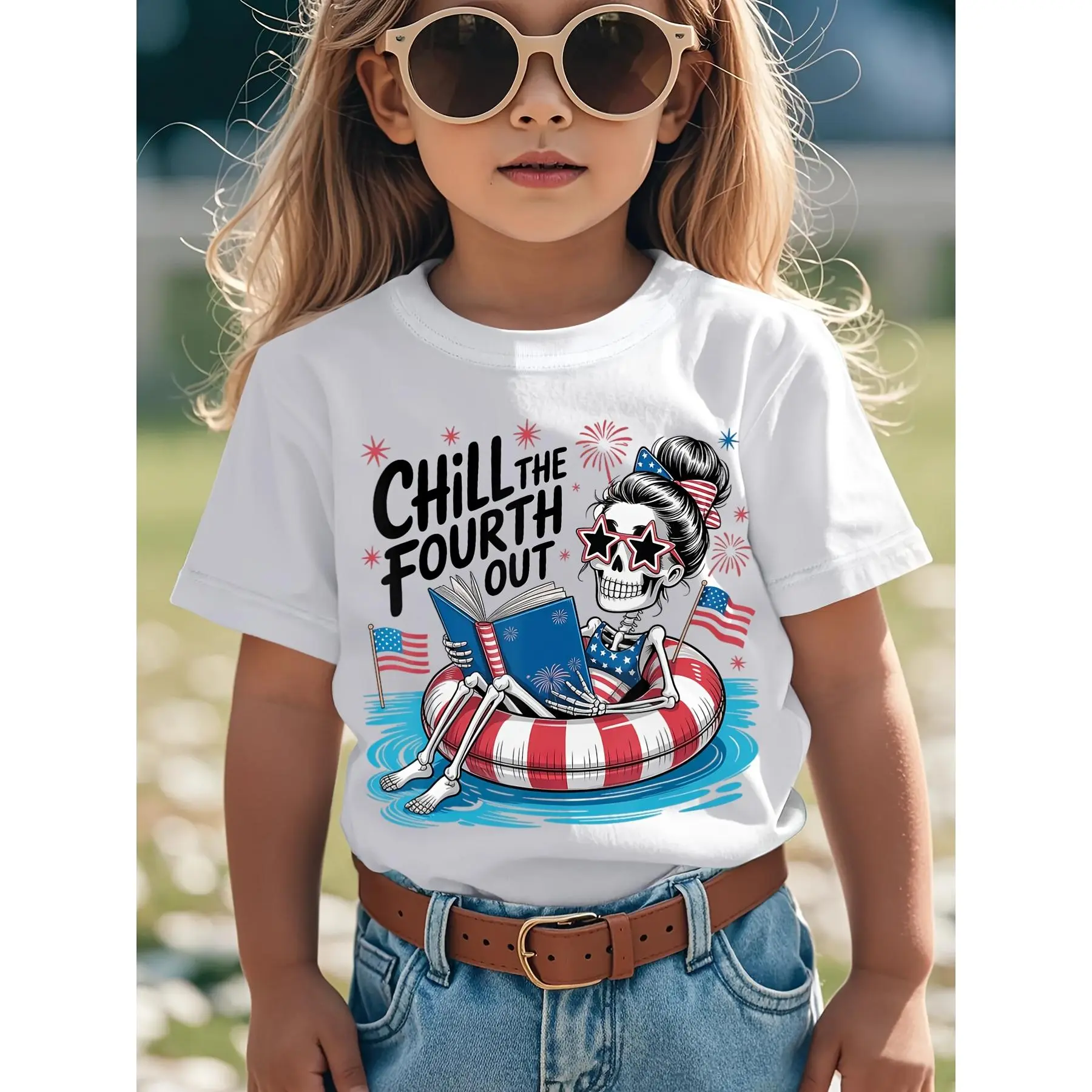 Kids' Pure Cotton Fashion T-Shirts (3-4Y,5-6Y,7-8Y) - Unisex Modest Short-Sleeve Drop-Shoulder Round Neck, Fun Skeleton Art, 4th of July Book Lover Designs, Soft Breathable, Easy Machine-Wash Casual Outfit