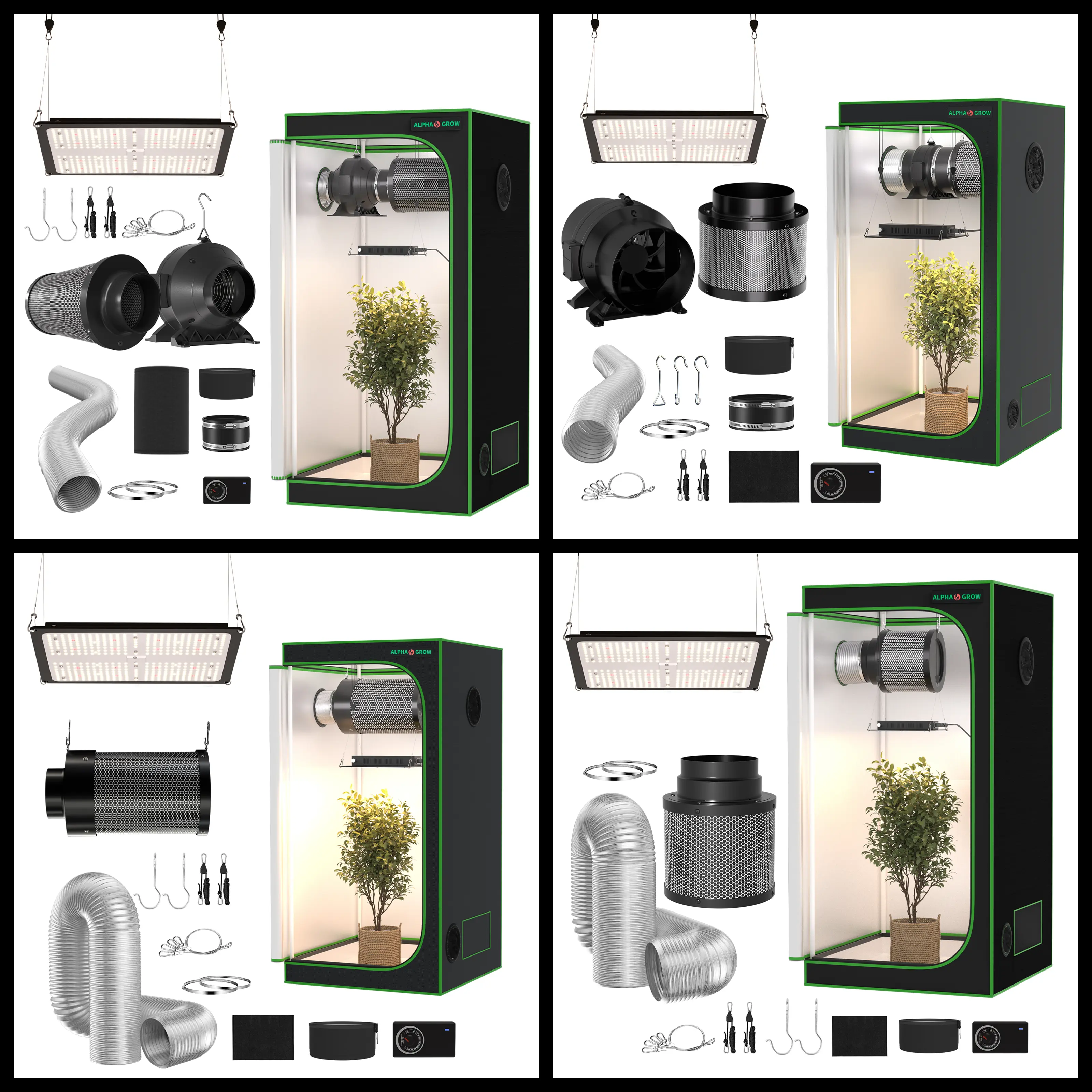 ALPHAGROW 2x2 ft Grow Tent Kit Options, including 24x24x48 inch Grow Tent, 100W Full-Spectrum Timed LED Grow Light, 4&6 inch Ventilation Kits, 8ft Ventilation Duct Combos, and Noise-Reducing Rubber Duct Connectors