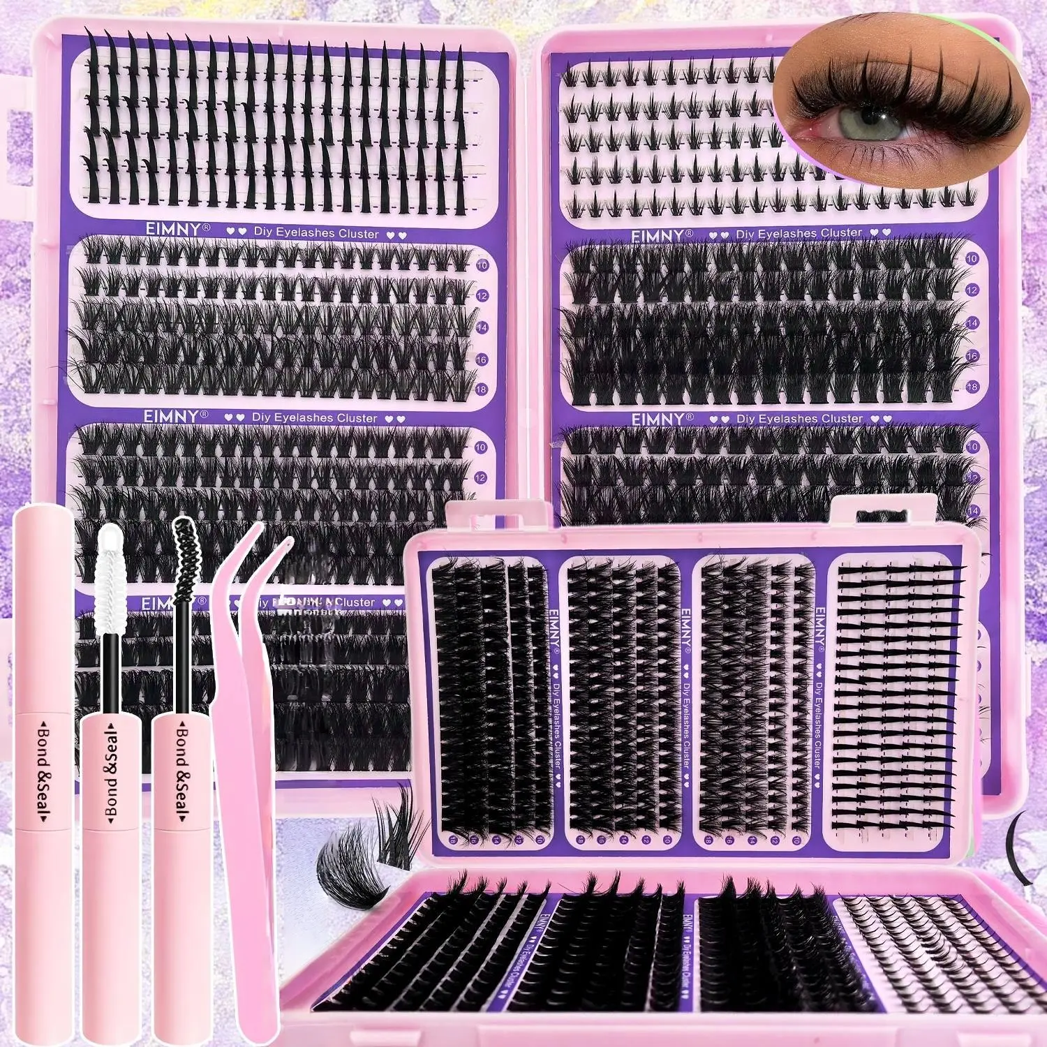 1600Pcs Lash Clusters, Includes Spiky and Bottom Lashes, 40D+60D+80D+100D+110D+120D Mixed Style Volume Eyelash Clusters single box/with Glue, Tweezers and Brush, D Curl 3D Individual Wispy Eyelash, Fluffy Manga Eyelashes, Dense Thickened Lash for DIY