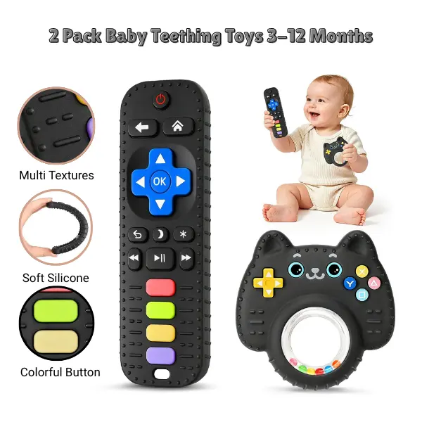 2-Pack Silicone Remote-Shape Sensory Teether Rattle Set, BPA-Free Multi-Textured Teething Relief Set for 3-12 Months Unisex Babies, Fits Hands Chew Toys, Baby Shower Gift