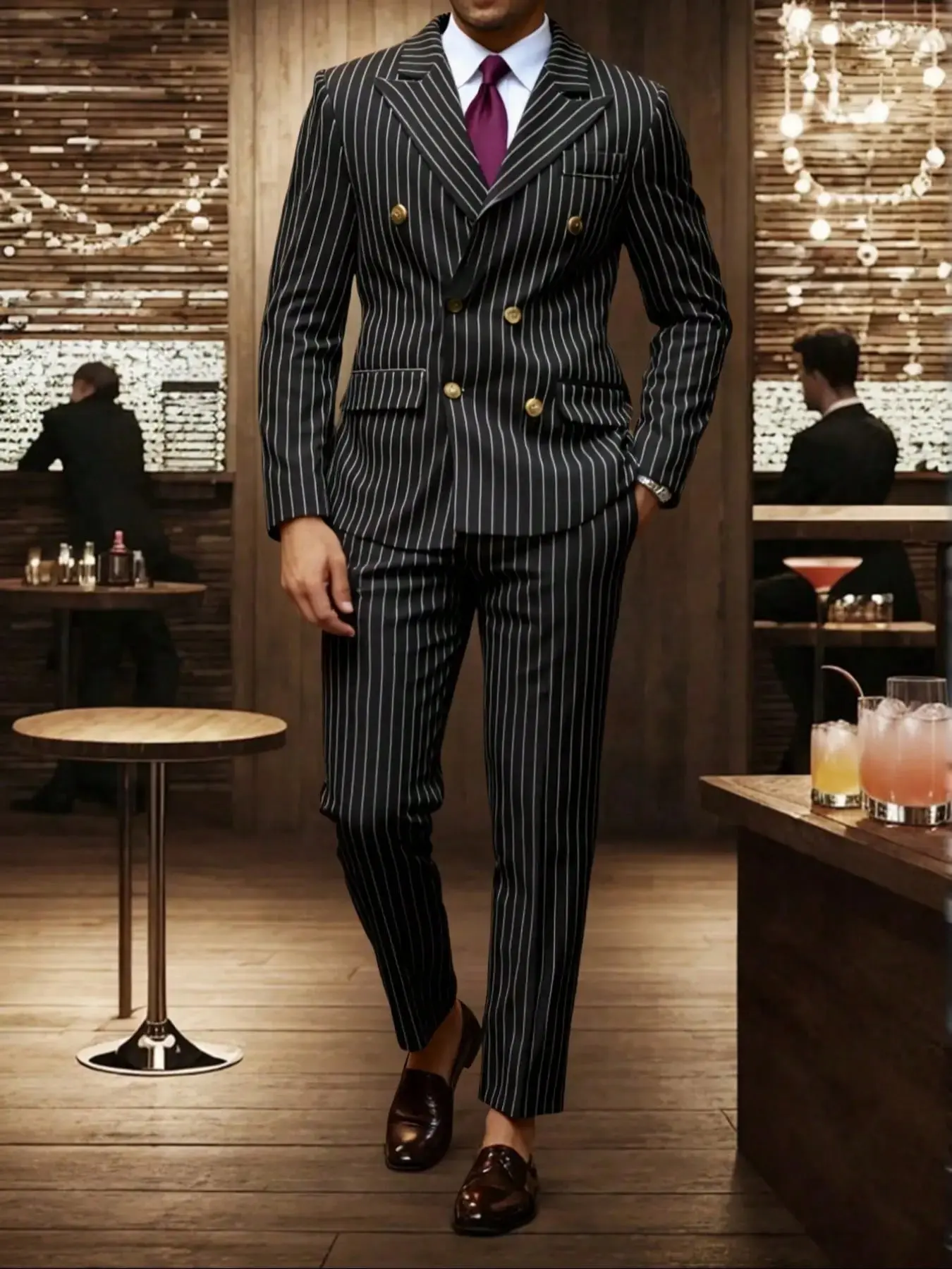 Men's Striped Print Button Decor Collared Blazer & Pants Matching Two-Piece Set, Fitted Slim Classic Business Formal Suit Set for Wedding Party, Men's Clothing for Spring & Fall, Menswear, Pinstripe Suit, Business Suits Set, Business Attire Clothes