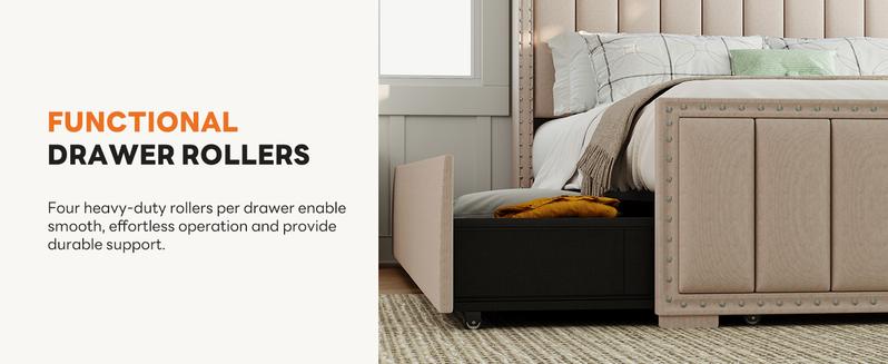 Upholstered Storage Bed Frame With LED Lights – 4 Built In Drawers & Headboard Charging Station – Modern Platform Bed For Small Bedroom And Master Suite