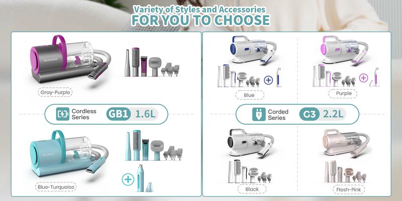 Geoorood Dog Cordless Grooming Vacuum Kit with Brush 10KPa Suction Force 1.6L Dust Collection Low Noise Cleaning