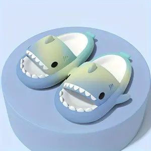 Youngsters' Cartoon Shark Sandals - Lightweight EVA-On Water Shoes with Anti-Sole, Breathable Beach Swimming Boys & Girls, Pastel Blue White Design Waterproof Round Toe