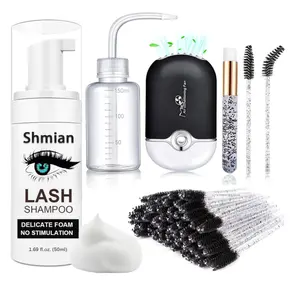 Lash Shampoo for Lash Extensions, Lash Fan with 50ml Eyelash Foam Cleanser and 50 Pcs Eyelash Brush and Rinse Bottle Oil Free/Sulfate Free Eyelash Wash Remover For Eyelash Extension Wash, Black