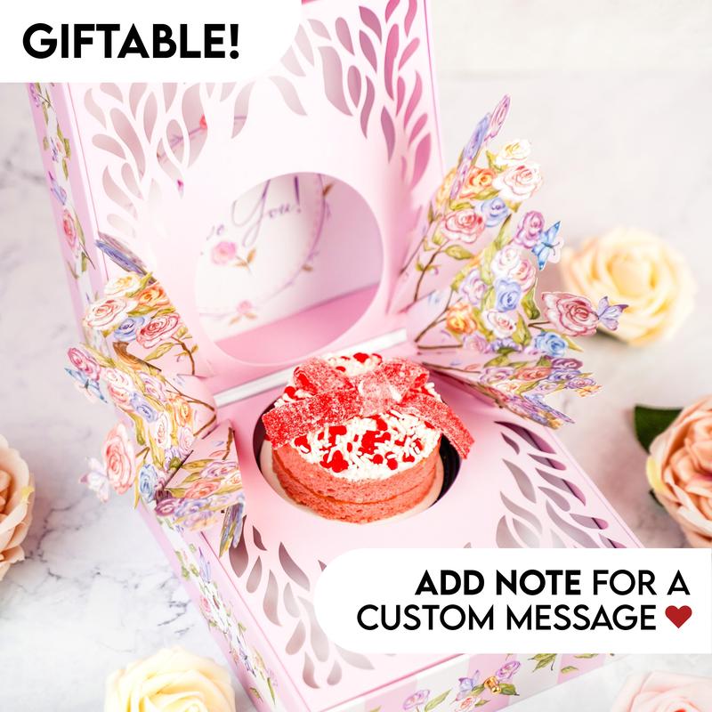 Love You Bloom Box by Send A Cake - A Delightful Surprise Perfect For Valentine's Day, with Strawberry Short Cake & Pop-Up Flowers - Unique & Beautiful Gift Set For Any Occasion - A Dessert Worth Sending