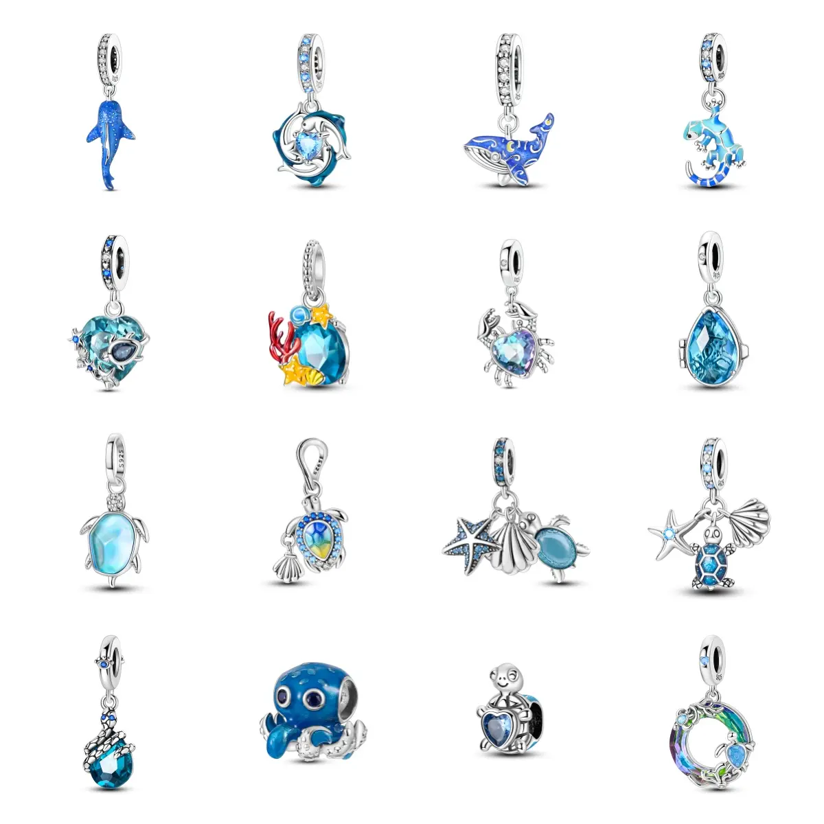 MULA S925 silver-blue pendant, hypoallergenic blue enamel, featuring turtle, whale, and dolphin beads. A perfect summer beach vacation jewelry gift for women and girls, compatible with Pandora bracelets.