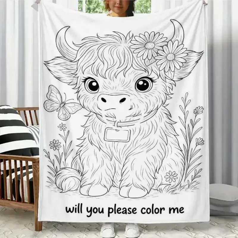 Highland Cow DIY Coloring Flannel Throw Blanket, Color-Fillable Farm Animal Line Art for Family Craft Nights, Kids Playrooms and Creative Bedrooms, Birthday Holiday Art Gift for Children, Teens and Adults