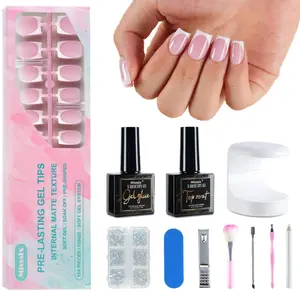 French Tip Press On Nails, 150Pcs French Gel Nail Tips Short Square, Pink White Soft Gel Fake Nails, X-BASIC Tips Starter Kit for Nail Art DIY 15 Sizes
