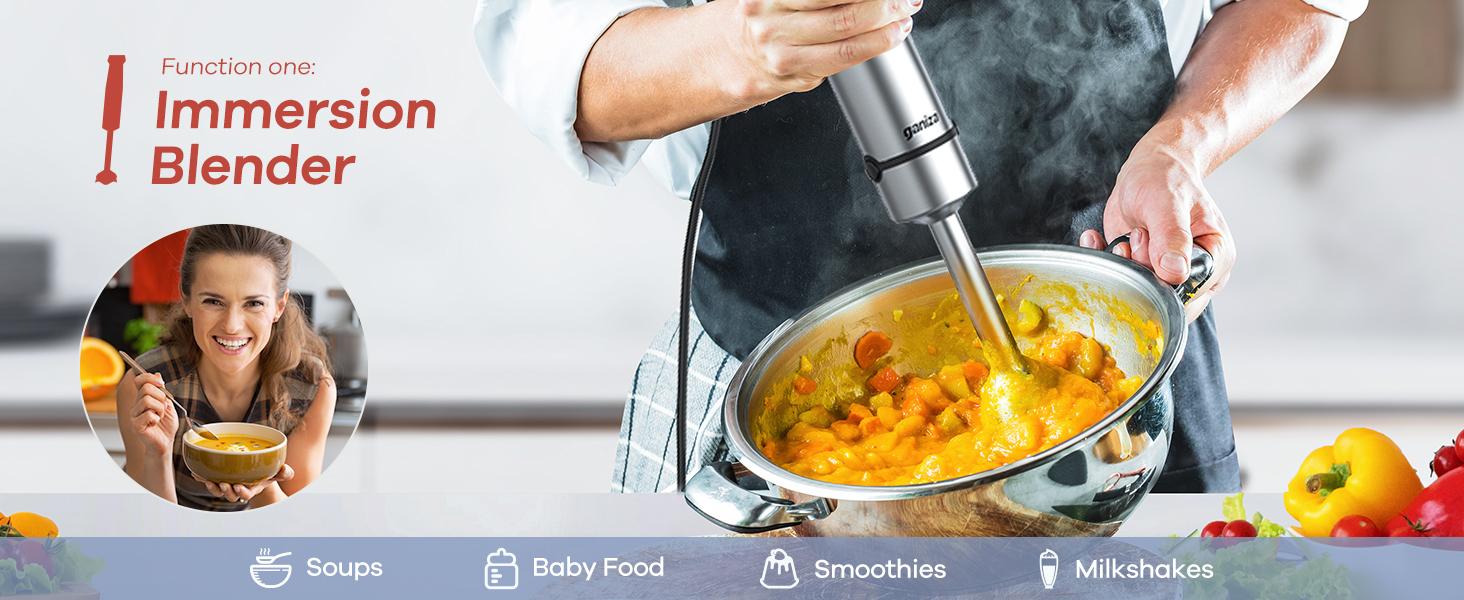 Ganiza 7 in 1 Electric Immersion Blender Handheld, Max 1000W, 15 Speed and Turbo Mode, Stainless Steel, With 1500ml Food Processor and Other 6 Pieces Blade Clean kitchenaid stand mixer frother Easy Powerful Control Fruit Juicer