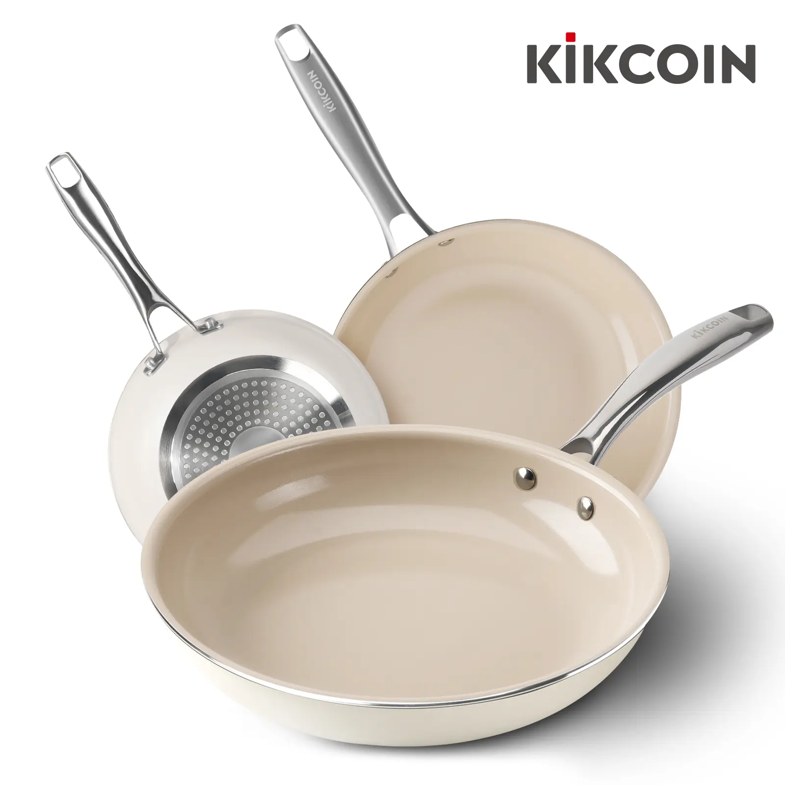 【SummerWins】Kikcoin 3-Piece Ceramic Nonstick Frying Pan Cookware Set – 8" 9.5" 11", PFAS/PTFE/PFOA-Free, Non-Toxic, Dishwasher-Safe, Stay-Cool Stainless Steel Handle, Oven-Safe Kitchen Supplies, Three Pieces
