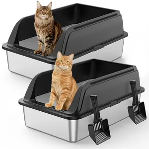 2-Pack XL Metal Cat Litter Box with High Walls, Leak Proof Odor Free Litter Box for Large Cats