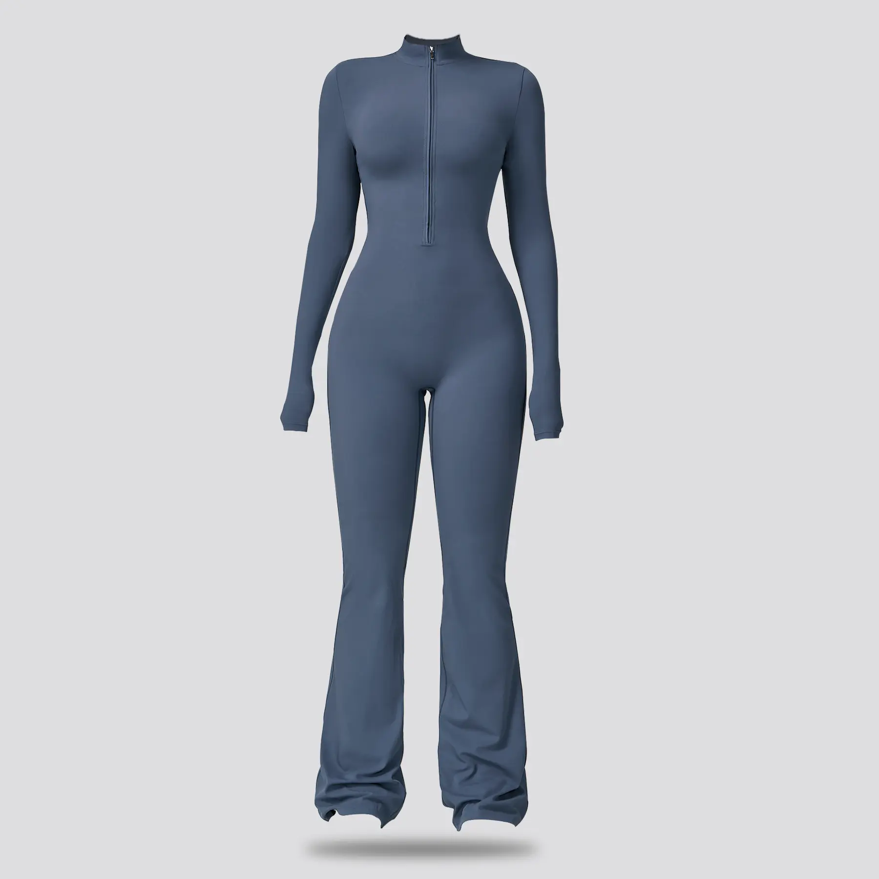 Nvwaurban Women's Covered Bust Long Sleeve Flared Zipper Wide Leg Sports Jumpsuit - Workout Gym Clothing, Stylish Activewear, Athletic Style Activewear, for Gym, Pilates