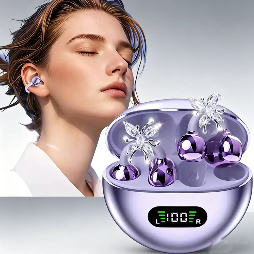 TEMPOMIND Ear Clip Butterfly Decoration Headphones, Wireless Bluetooth Headphones, LED Digital Display Headphones Suitable for Outdoor Sports, Hiking, Camping, Sports Headphones