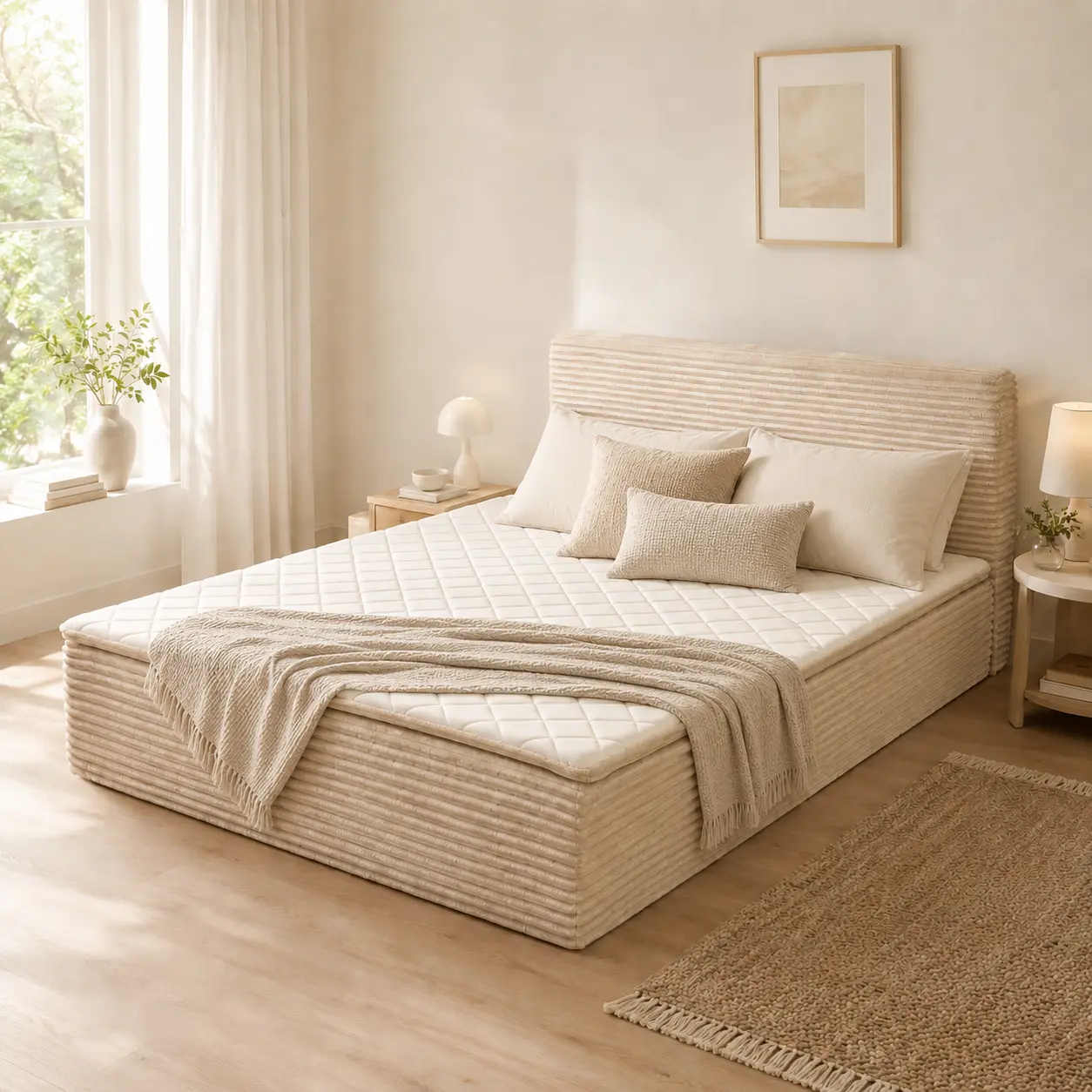 POUUIN 2-in-1 Bed Frame and Mattress in One, No Assembly Corduroy Platform Bed with Removable Headboard