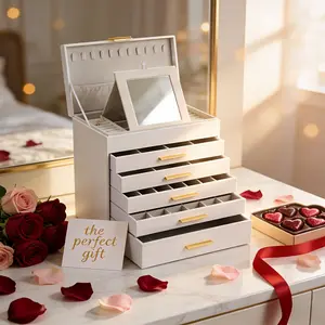 BOOVO Large Jewelry Box Organizer - 6 Layer Multi Compartment Design with Mirror for Necklace Earrings & Bracelets Storage White Jewelry Boxes & Organizers for Women