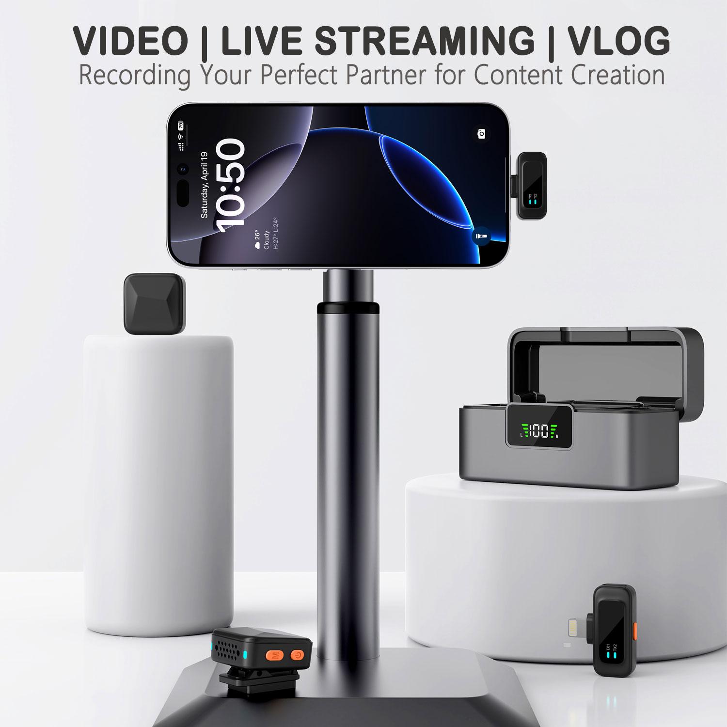 HITOZON Wireless Lavalier Microphone for iPhone Android With Charging Case Intelligent Noise Cancelling Plug Play Lapel Mic for Tiktok Youtube Video Recording Vlog Live Streaming