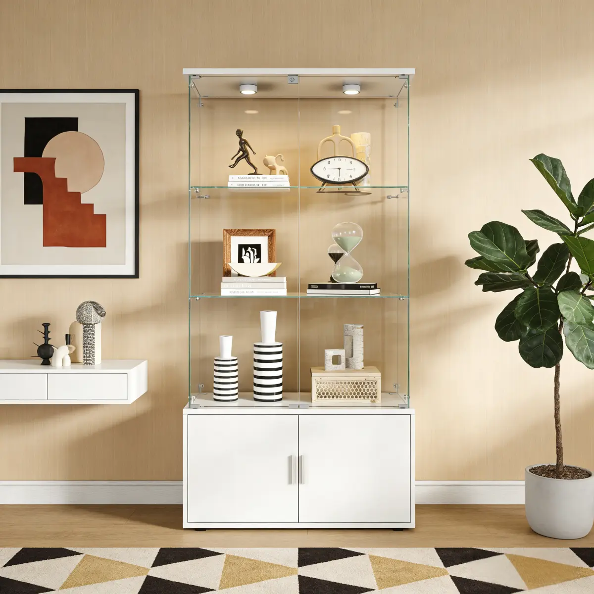 Bellemave Double-door Four-layer Tempered Glass Display Cabinet with Remote-controlled PAIPAI Lights Adjustable Feet for Living Room White W3155S00024