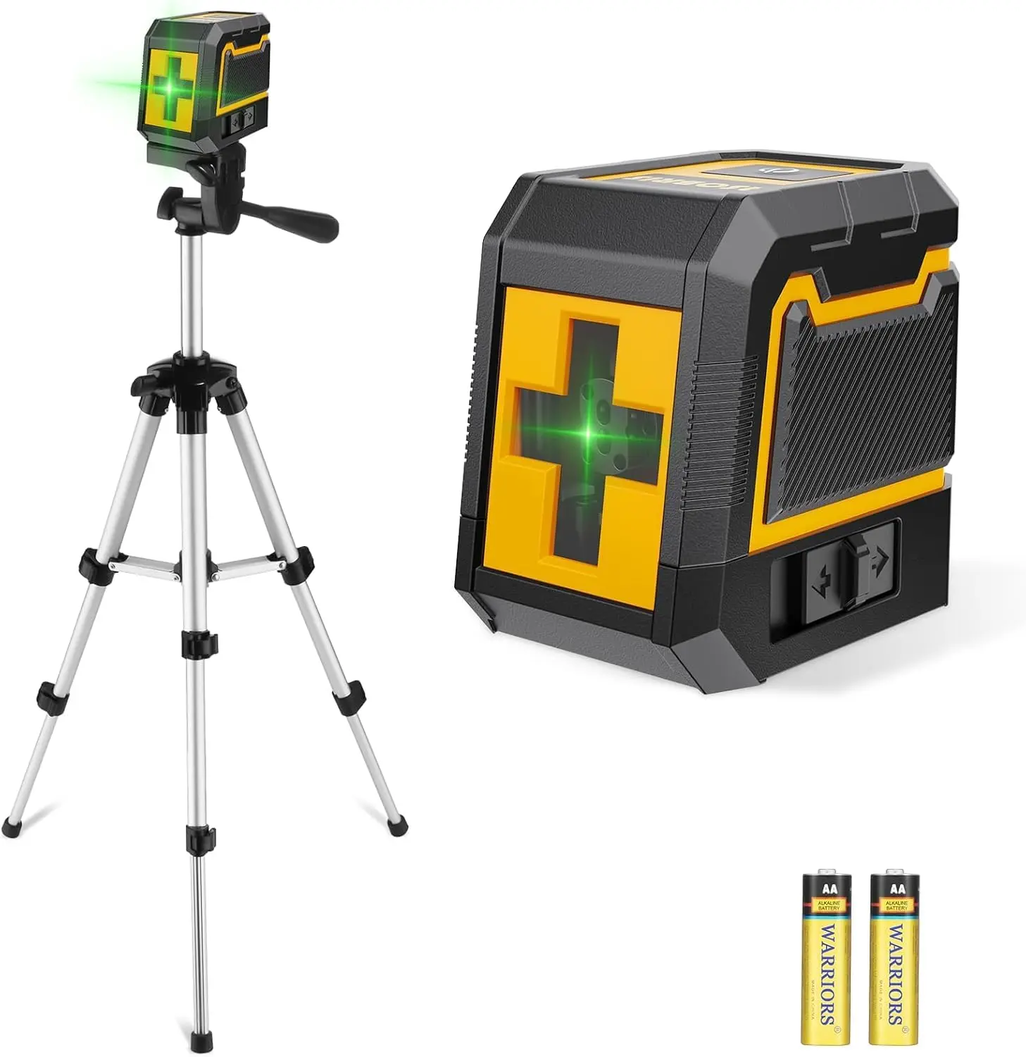 Green Cross Line Laser Level with 1 Aluminum Compact Tripod + Batts - Lightweight, Palm Size, Self-Leveling Measuring Tool with 82ft Range, Adjustable Brightness, AA Batteries Included for Construction, Home Renovation