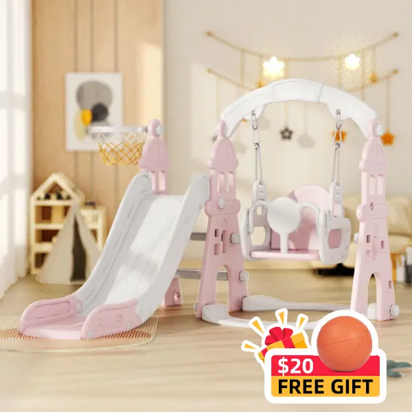 KORIMEFA 4-in-1 Kids Slide and Swing Set with Basketball Hoop Climbing Ladder Multifunctional Play Center for Active Fun Age 1+ Years Indoor Outdoor Playset Safe-Playground Equipment Playroom Sport-Golf Playset-soccer-football-dealsforyoudays