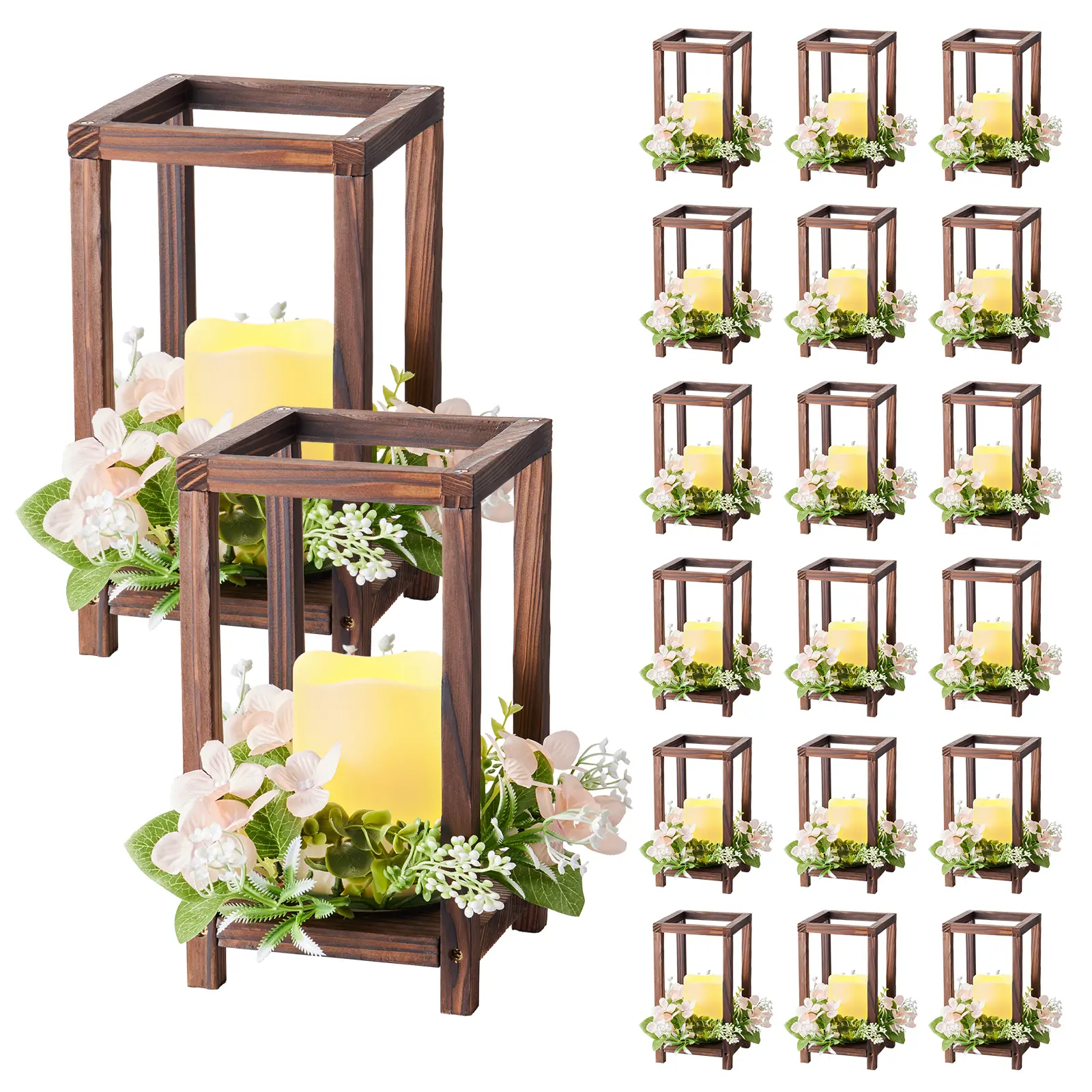 【Summerfinds】VEVOR 20 Set/60 Pcs Wooden Wedding Lantern Centerpiece,Includes 20 Wooden Lantern Candle Holder 20 Flameless LED Candle 20 Champagne Flower Wreath for Wedding Table Party Farmhouse DecorBrown