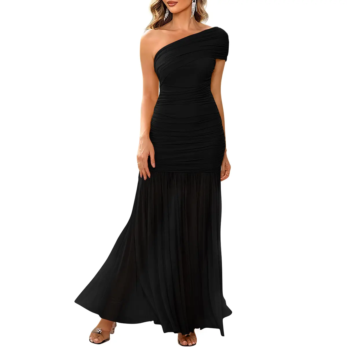 Aprilake Women's Elegant Formal One Shoulder Sleeveless Ruched Bodycon Evening Vacation Mesh Long Dress
