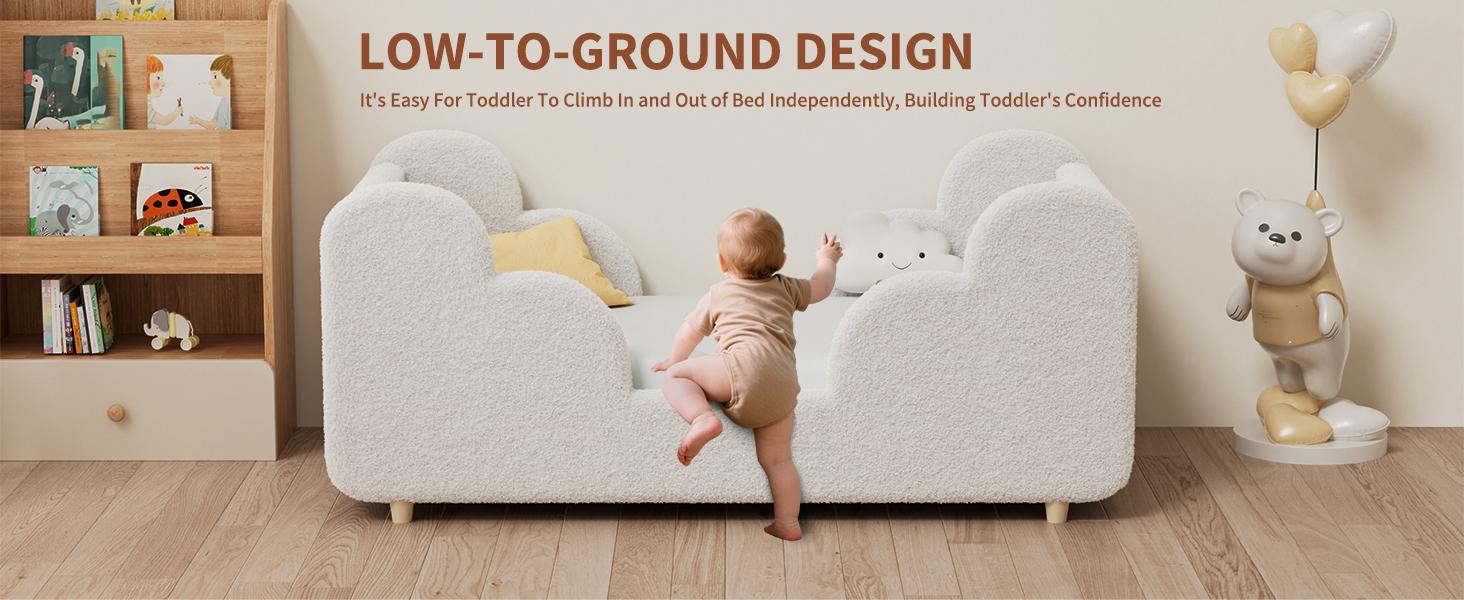 Lilypelle Toddler Bed Frame, Toddler Floor Bed Frame with Extra Safty Broad, Standard Crib Size Toddler Bed, Certified Fabric Toddler Beds Frame, Mattress Not Included