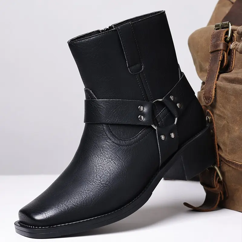 Men’s retro biker ankle boots with side zipper, buckle strap, chunky heel—edgy street style shoes for casual everyday wear