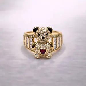Gold Plated Teddy Bear Ring with Cubic Zirconia & Heart Detail